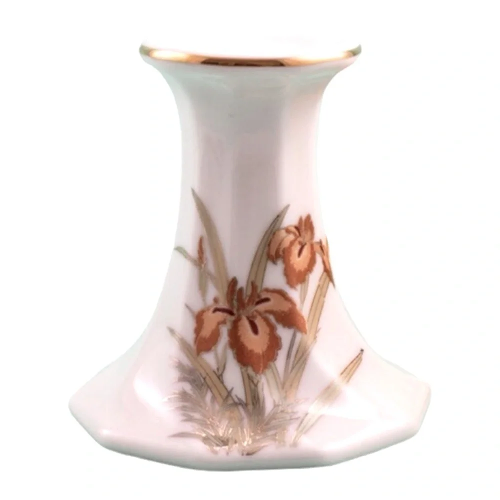 Porcelain White Candlesticks With Peach and Rust Iris flowers And Gilding. Set 2